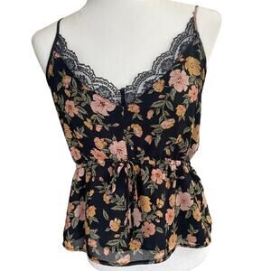 American Eagle Bohemian Floral Print Babydoll Cami Sz XL Black With Pink Flowers